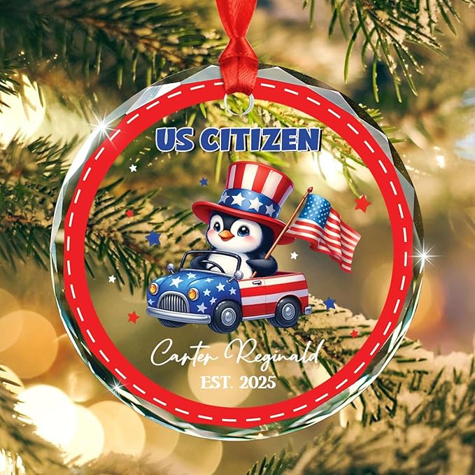 Customized Penguin US Citizen Glass Christmas Ornament 2025, Personalized Year & Name New American Citizen Keepsake Xmas Ornaments Gift for Men Women Boys Girls Sister Brother, New Citizens Ornament
