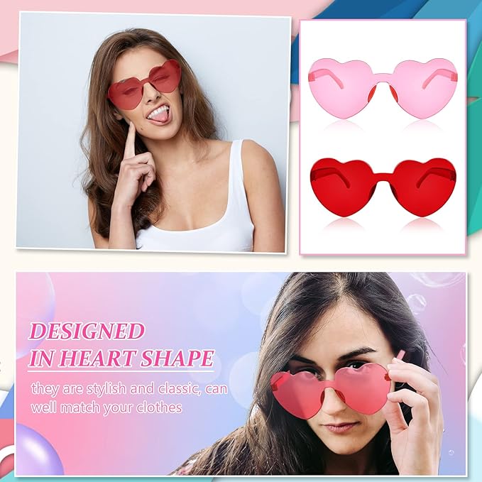 Flutesan 42 Pairs Heart Shaped Sunglasses Bulk for Women Cute Y2k Trendy Rimless Transparent Heart Glasses for Party Favor