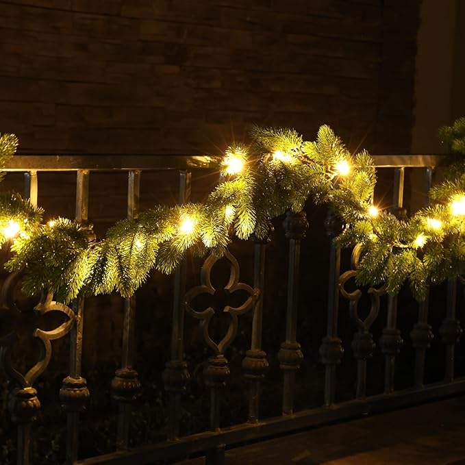 Christmas Garland with Lights, 70.9 Inch Lighted Garland, Realistic Greenery Norfolk Pine Garlands, 18 LED Lights Battery Powered, Timer Included Greenery Garlands for Mantle Christmas Decor
