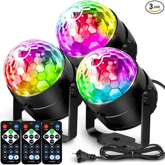 [3-Pack] Disco Ball DJ Party Lights Sound Activated with Remote Control Strobe Lamp 7 Modes Stage Light for Home Room Dance Parties Karaoke Halloween Christmas Birthday Decorations