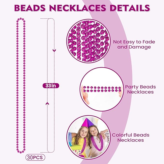 SHAOQINLIN 30 PCS Breast Cancer Awareness Necklaces, 33" Hot Pink Bead Necklace, Breast Cancer Awareness Accessories for Parade Supplies