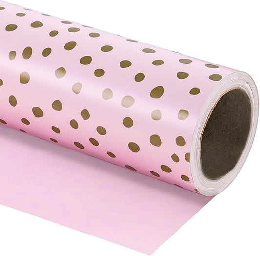 WRAPAHOLIC Reversible Wrapping Paper - Mini Roll - 17 Inch x 33 Feet - Pink Print and Gold Delicate Polka Dots Design for Birthday, Holiday, Wedding, Baby Shower