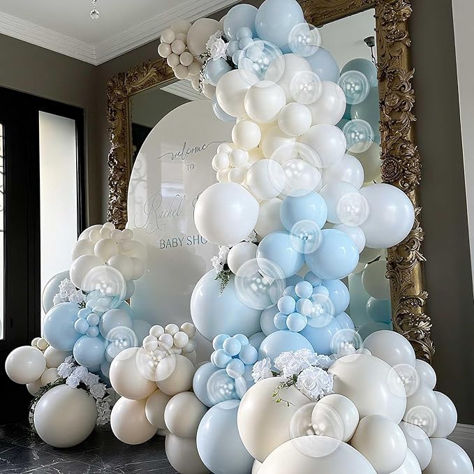 Pastel Blue White Balloons Garland Arch Kit, 104PCS Double Stuffed Pearl White Balloons, Light Baby Blue Clear Balloon for Bridal Shower Baby Birthday Bachelorette Wedding Engagement Party Decorations