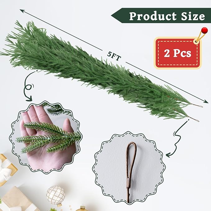 Artificial 2Pcs 5Ft Norfolk Pine Garlands, Christmas Winter Pine Garland, Real Touch Faux Green Greenery Garland for Table, Fireplace, Stairs, Mantle, Window, Indoor, Outdoor Christmas Decorations