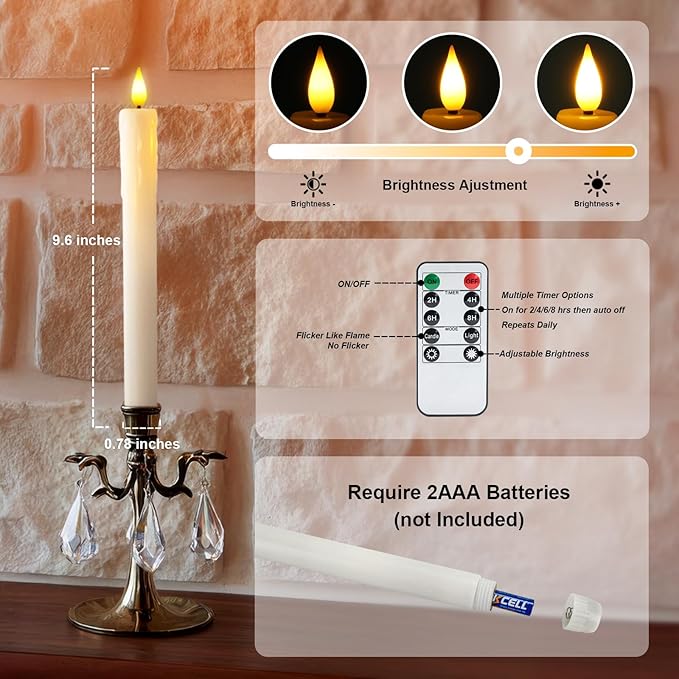 Homemory 12 Pcs Real Wax Flameless Taper Candles with Remote Timer and Dimmer, Battery Operated Candlesticks with Flickering Light, White Window Candles, 9.6 Inches for for Wedding Home Decor