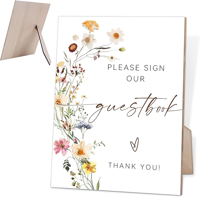 Flower Please Sign Our Guestbook Sign, Wedding Guest Book Alternative, Bridal Shower Party Decor, Table Centerpieces for Party, Wedding Guest Gifts, 6X8 Inch Wooden Bridal Shower Sign with Stand, 17