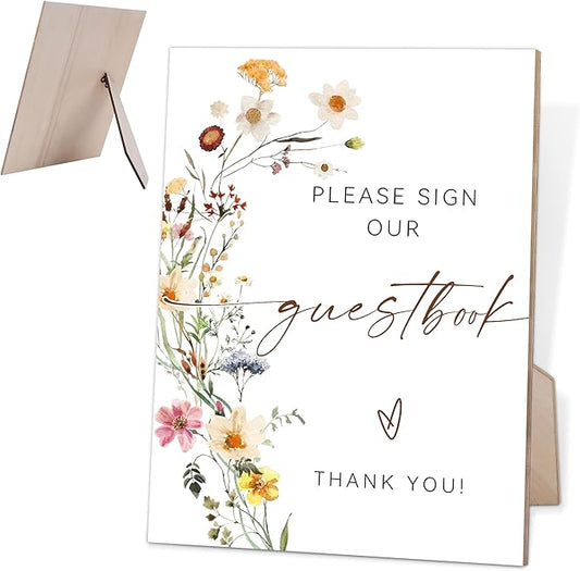 Flower Please Sign Our Guestbook Sign, Wedding Guest Book Alternative, Bridal Shower Party Decor, Table Centerpieces for Party, Wedding Guest Gifts, 6X8 Inch Wooden Bridal Shower Sign with Stand, 17