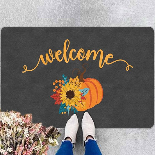 InterestPrint Fall Door Mat with Non-Slip Backing, Welcome Pumpkin Doormat Front Porch Rug Welcome Mats for Autumn Halloween Thanksgiving Farmhouse Decor, 30"x18"inch