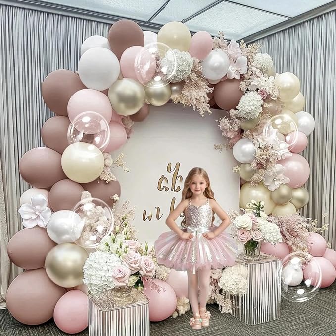 Dusty Pink White Beige Balloon Arch - Double Stuffed Pink Mauve Pearl White Nude Gold Balloon Garland Kit Boho Blush Cream Balloons for Baby in Bloom Baby Shower Bridal Wedding Birthday Party Decor