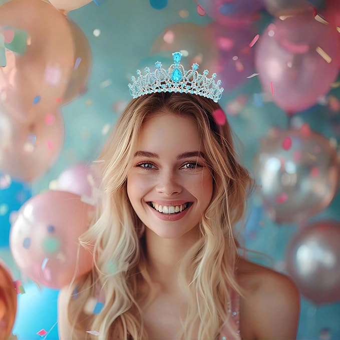 Schmoopy Tiara Crown for Women, Crystal Tiara for Bridal Prom Queen Birthday Birthday Party (B-Blue)