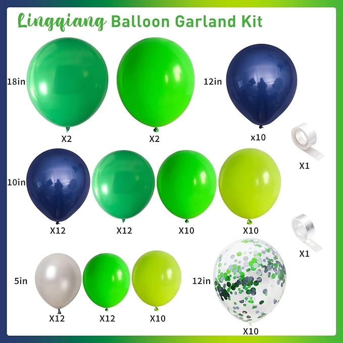 Blue and Green Balloon Garland Arch Kit, 100 PCS Lime Light Green Navy Blue Silver Confetti Latex Balloons Arch Kit for Boys Jungle Safari Dinosaur Birthday Football Game Party Decorations Supplies