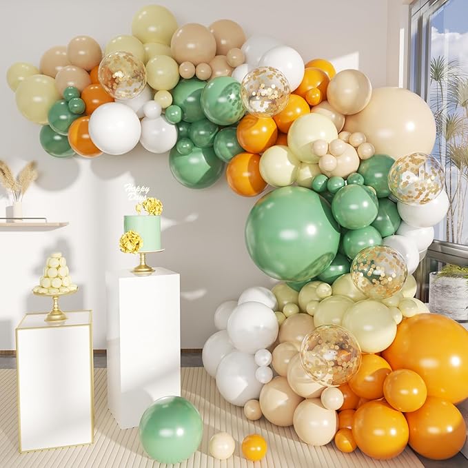 Sage Green Orange and White Sand Balloons Garland Arch Kit, 156 Orange Green Pastel Yellow White Sand Balloons for Birthday Baby Shower Wedding Party