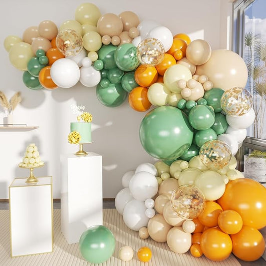 Sage Green Orange and White Sand Balloons Garland Arch Kit, 156 Orange Green Pastel Yellow White Sand Balloons for Birthday Baby Shower Wedding Party