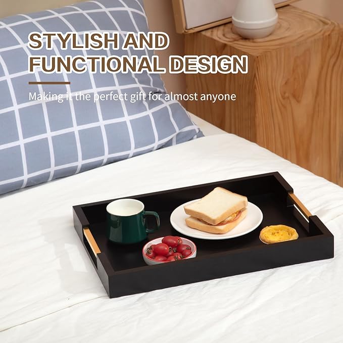 PRESTIGE Non Slip Black and Gold Serving Tray with Cup Mats and Grippers, Wood Serving Tray with Metal Handles, Food Drinks Tray for Coffee Table, Breakfast, Dinner & Bar, Rustic Decorative Storage