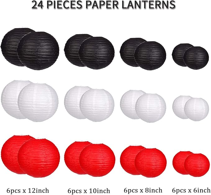 24pcs Hanging Round Paper Lanterns for Wedding Birthday Party Baby Showers Decoration Black/Red