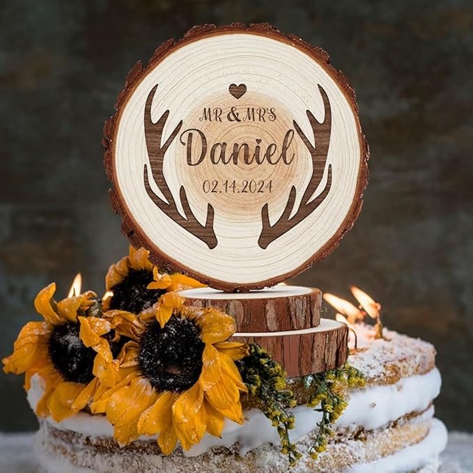Antler Wedding Cake Topper, Personalized Rustic Country Decor for Grooms and Bride Cake Decorations, Custom Wood Mr & Mrs Boho Anniversary Keepsake, Custom Deer Lovers Couple Gifts