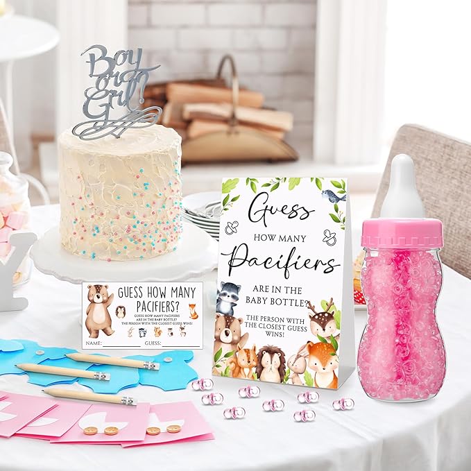 Roowest 512 Pcs Baby Shower Games Guess How Many Pacifiers Sign 100 Small Guessing Games 10 HB Pencils 750ml Milk Bottle 400 Acrylic Pacifiers Decoration for Guest Gender Reveal(Vivid,Woodland)