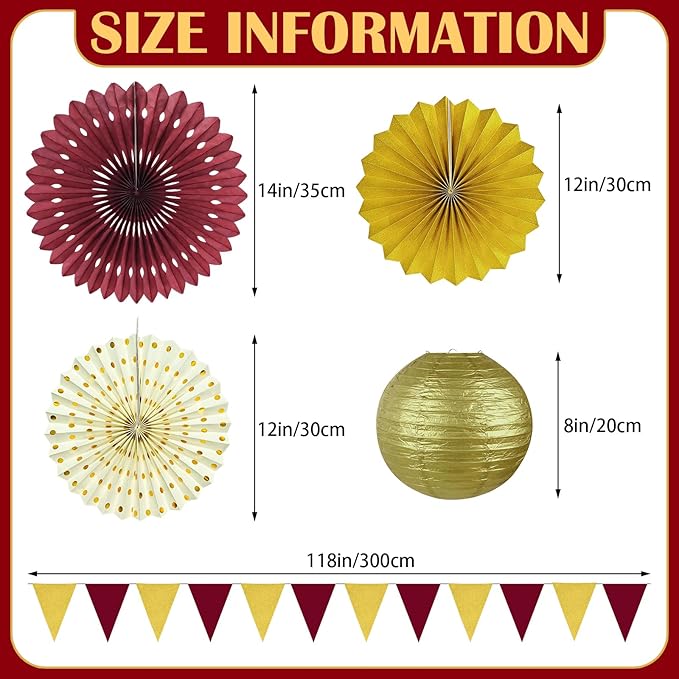 13Pcs Maroon and Gold Party Decorations, Burgundy and Gold Party Decorations Hanging Paper Lanterns Paper Fans for Graduation Baby Shower Birthday Thanksgiving Fall Decor