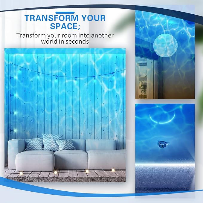 6 Pcs Water Effect Projector Light Christmas LED Ocean Wave Projector Water Wave Effect Night Light 360 Degree Rotating Room Lamp Lighting for Bedroom Under Sea Wedding Party Decoration (Blue)