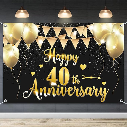HAMIGAR 6x4ft Happy 40th Anniversary Banner Backdrop - 40 Wedding Anniversary Decorations Party Supplies - Black Gold