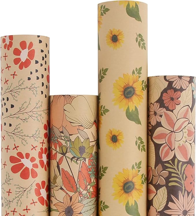 Aimyoo Kraft Floral Wrapping Paper Bundle, Vintage Sunflower Flower Gift Wrap Paper for Wedding Bridal Shower Birthday Rolls of 4, 17 in x 10 ft per Roll
