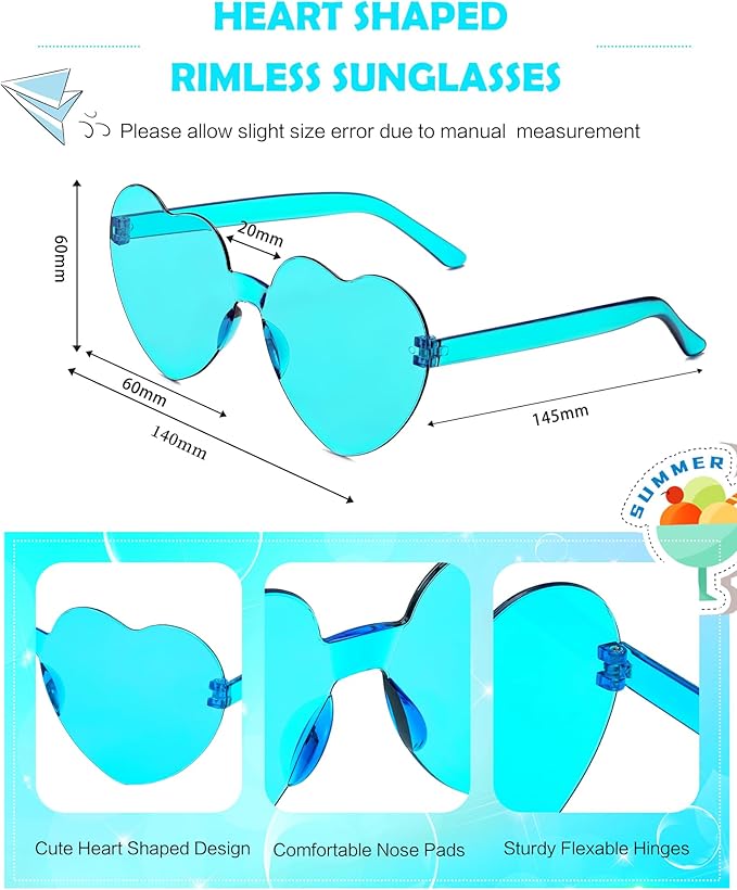 40 Pairs Heart Shaped Sunglasses Bulk, Colorful Rimless Fun Heart Sunglasses for Women Party Favors