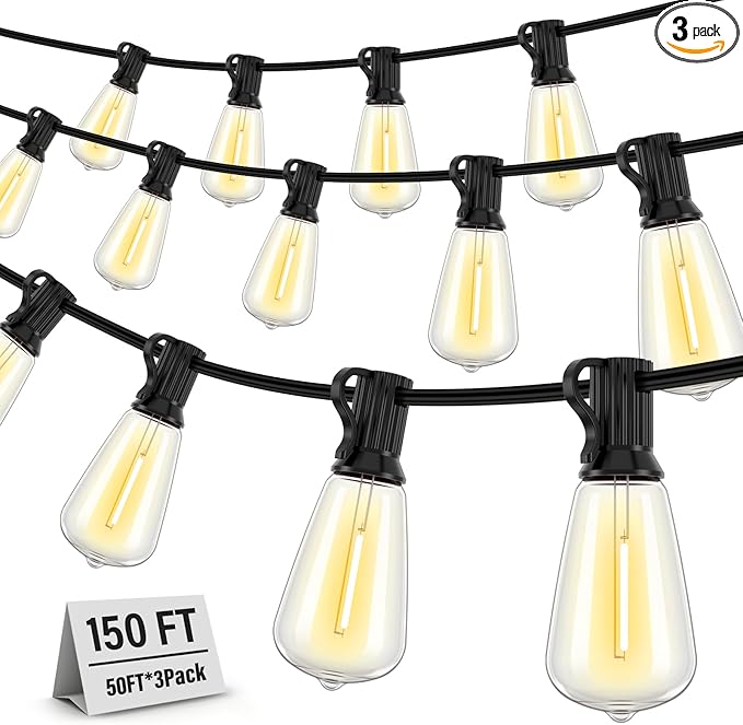 String Lights for Outside, 150FT (50FT 3 Pack) Patio Lights Outdoor Waterproof with 75+6 Shatterproof Vintage Bulbs, Plug in Hanging Light for Porch, Blacony, Backyard, Bistro, Garden, 2700K
