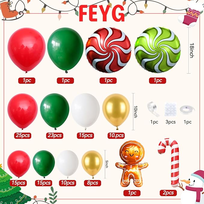 Christmas Balloon Arch Kit, Gingerbread Man Balloon Garland with Green Red White Balloons Candy Cane Foil balloons for Christmas Party Decorations Xmas Party Supplies