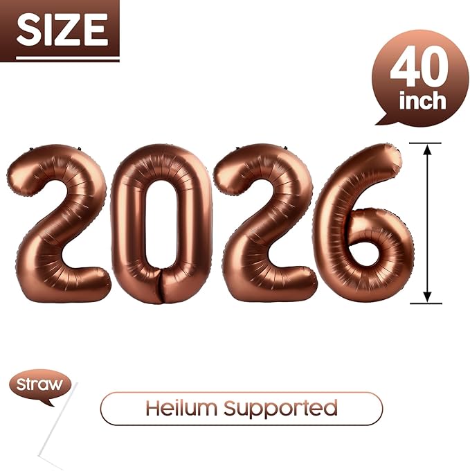 2026 Balloon - Coffee Brown Birthday Number Balloons, 40 Inch Large Foil Balloons for Men Women Boys Girls Coffee Brown Themed Birthday Decorations，Number 2026 Balloon
