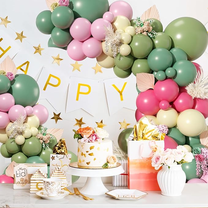 Pink Green Yellow Balloon Garland Kit, Dusty Green Hot Pink Olive Balloons Pastel Pink Yellow Balloon Arch Kit for Wedding Baby Shower Flower Theme Birthday Party Decoration