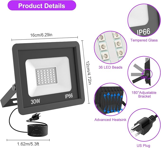 T-SUN 30W LED Black Lights 4 Pack, Blacklight Flood Light with Plug, Outdoor Waterproof Black Flood Lights for Halloween Decoration, Neon Glow for Party Fluorescent Poster, Body Paint