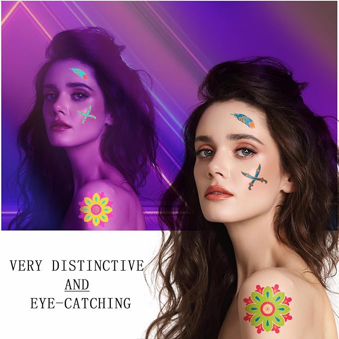 201pcs Glow in the Dark Temporary Tattoos for Adults and Kids, Glitter Tattoo Kit, Neon Body Face UV Blacklight Fake Tattoos Stickers, Glow in the Dark Party Supplies, Rave Accessories (32 Sheets)