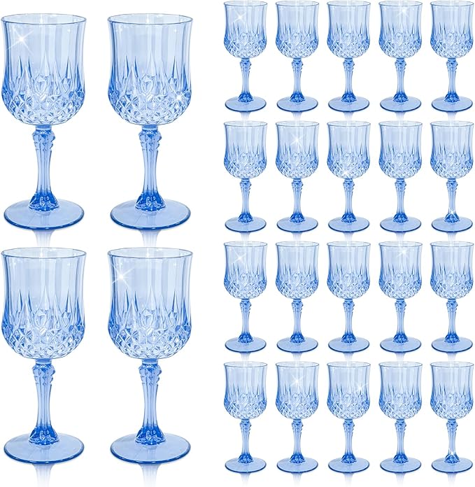 24 PCS Plastic Blue Wine Glasses 7oz Vintage Goblet,Reusable Drinkware Vintage, Plastic Blue Wine Glasses for Baby Shower Wedding Reception Grand Event Party，Royal blue