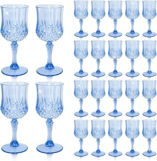 24 PCS Plastic Blue Wine Glasses 7oz Vintage Goblet,Reusable Drinkware Vintage, Plastic Blue Wine Glasses for Baby Shower Wedding Reception Grand Event Party，Royal blue