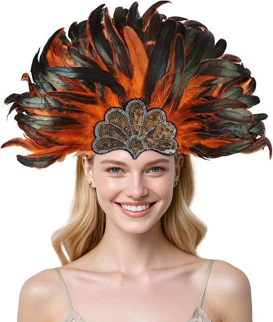 Women's Carnival Feather Headpieces Sequin Headdress for Wedding Masquerade Party Cosplay Feather Headbands