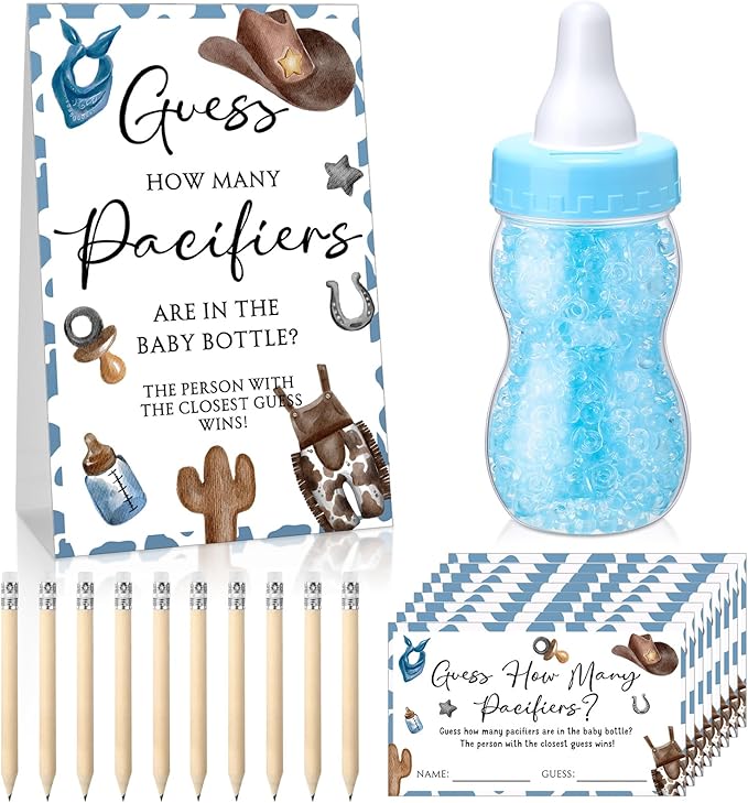 Roowest 512 Pcs Baby Shower Games Guess How Many Pacifiers Sign 100 Small Guessing Games 10 HB Pencils 750ml Milk Bottle 400 Acrylic Pacifiers Decoration for Guest Gender Reveal(Blue,Cowboy)