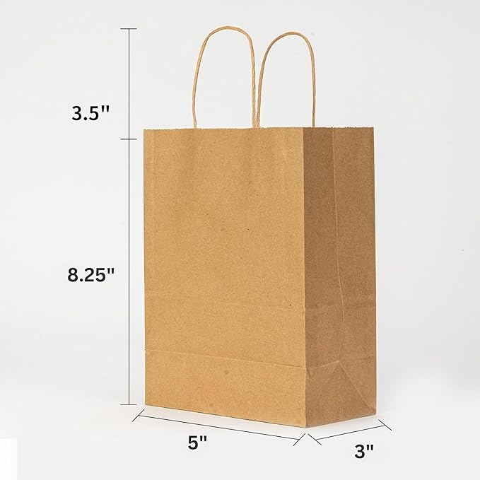 JET PAPER BAGS 300 Pack 5x3x8.25 Inch Small Paper Gift Bags with Handles Bulk, Brown Kraft Paper Bags for Grocery Shopping Retail Bags, Birthday Party Favors Wedding Bags