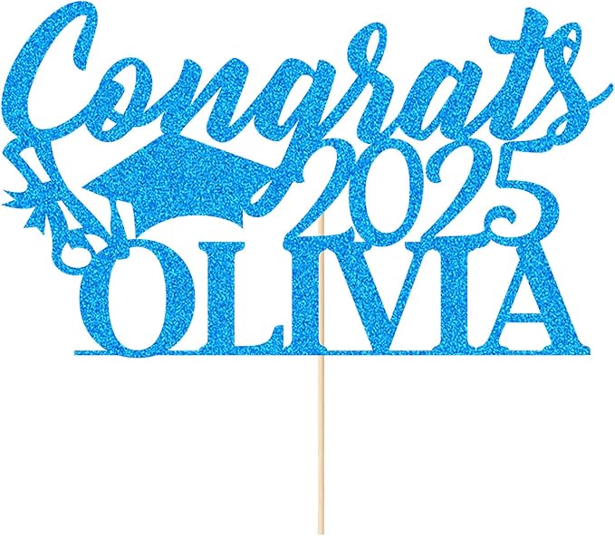 Personalized Cake Topper Custom Congrats Graduation Hat Student Class of 2025 Double Sided Glitter Card with Any Name (Blue)