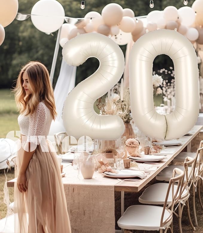 SUWEN 40 Inch Cream White Large 20 Number Balloons Big Foil Helium Number Balloons 0-9 Jumbo Happy 20th Mylar Birthday Party Decorations for Women or Men Anniversary Party Supplies