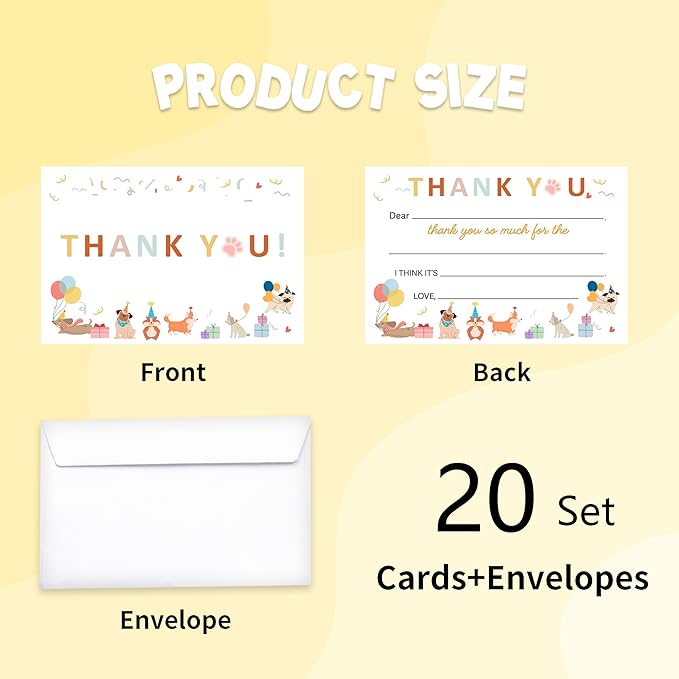 Kids Thank You Card, Dog Theme Thank You Notes, Pet Greeting Card With Envelope, Birthday Wedding Graduation Christmas Party Favors Supplies Decor(20 Pcs)-06