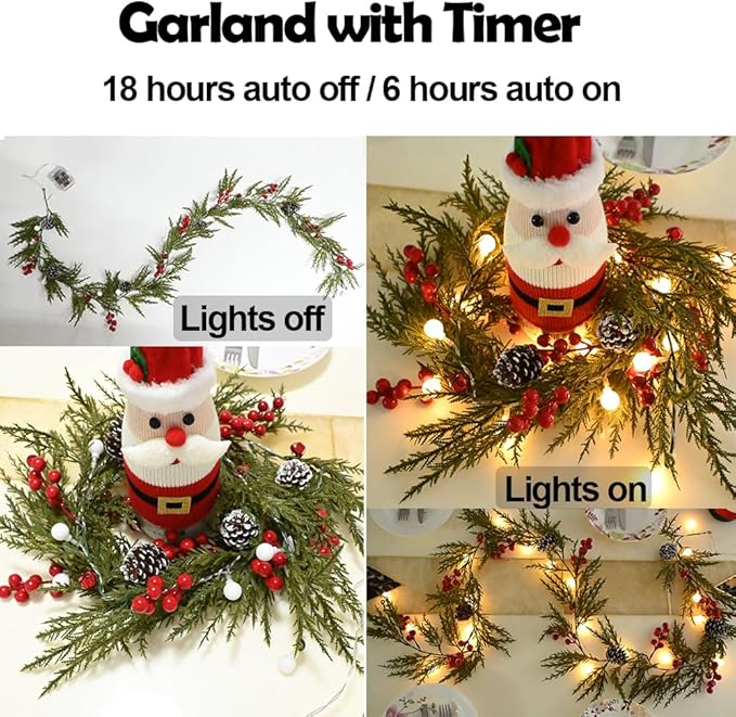 Christmas Garland 12FT 40 LED Bulbs Cypress Pine Garland with Lights Battery Operated with Bells Red Berries Pinecones Green Garlands Decoration for Xmas Holiday Thanksgiving New Year Home Decor