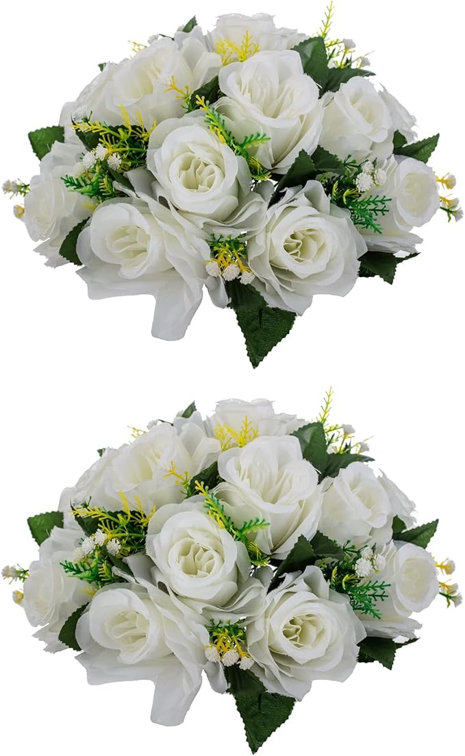 Artificial Roses Flowers - 2 Pack Faux Flower Balls Fake Flower 15 Heads Plastic Roses with Base Perfect for Wedding Bouquets Party Table Décor Home Decoration Bouquet for Wedding Centerpieces（White）