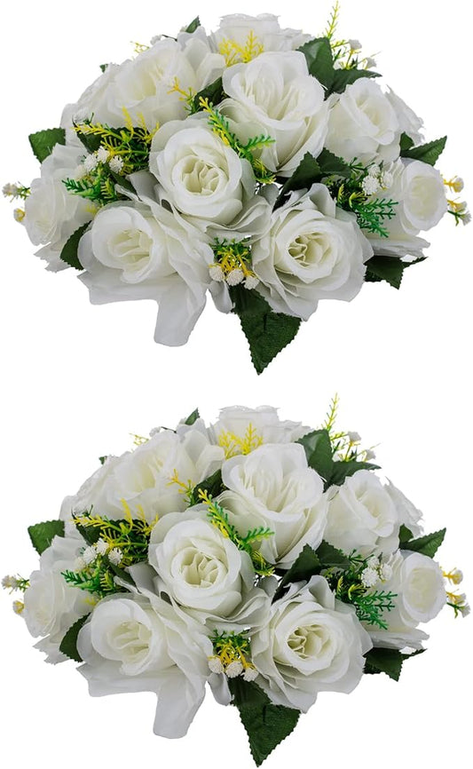 Artificial Roses Flowers - 2 Pack Faux Flower Balls Fake Flower 15 Heads Plastic Roses with Base Perfect for Wedding Bouquets Party Table Décor Home Decoration Bouquet for Wedding Centerpieces（White）
