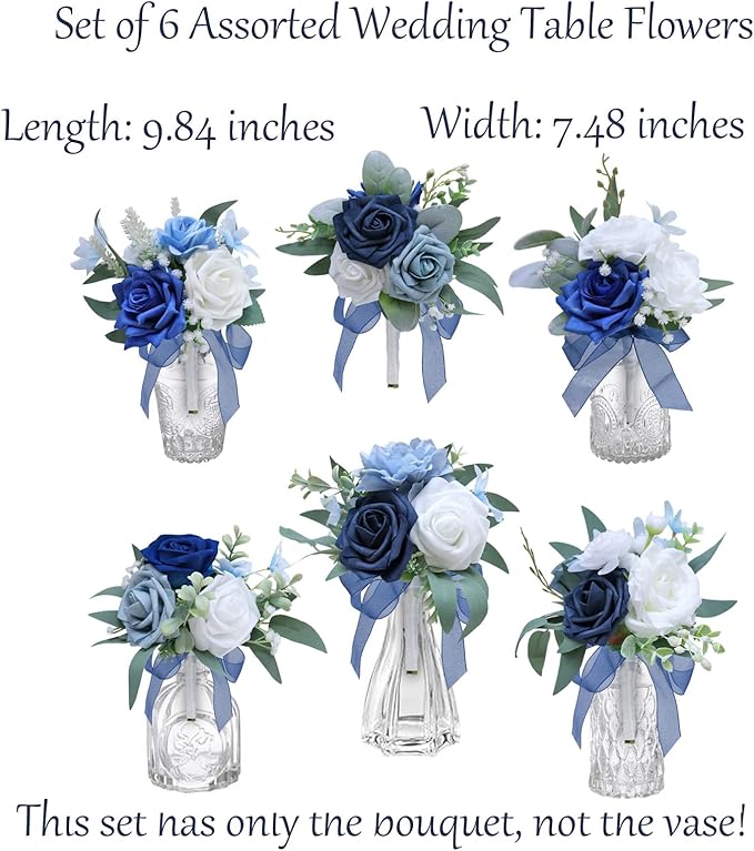 Marriwise Set of 6 Navy Blue Assorted Wedding Flower Centerpieces Pre-Made Mini Bridesmaid Bouquets Artificial Floral Rose Table Decor for Outdoor Beach Wedding Decorations Shower Home Decor