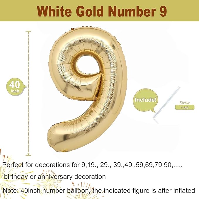 40 inch White Gold Number Balloon Giant Foil Helium Balloons Champagne Gold Number 9 Balloon for 9th Birthday Party Decorations