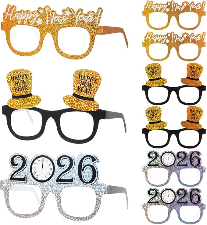 PRETYZOOM 9 Pack 2026 Happy New Year Glasses, 3 Colors Nye Party Favors Supplies, Holiday Eyewear Sunglasses, Photo Booth Props, New Years Eve Decorations Accessories Gifts
