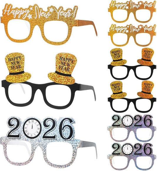 PRETYZOOM 9 Pack 2026 Happy New Year Glasses, 3 Colors Nye Party Favors Supplies, Holiday Eyewear Sunglasses, Photo Booth Props, New Years Eve Decorations Accessories Gifts