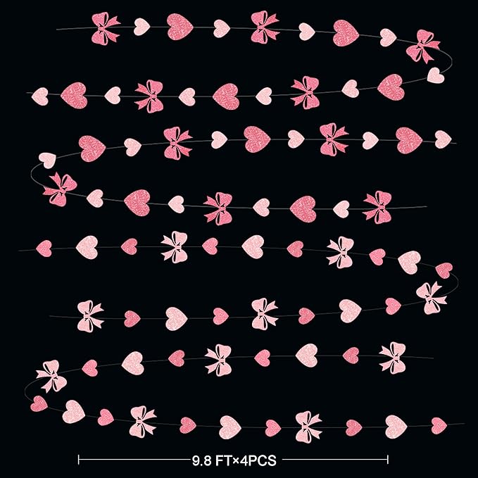 Pink Bow Decorations Pink Glitter Paper Heart Bow Hanging Garland Streamer for Coquette Birthday Valentines Bachelorette Anniversary Wedding Bridal Shower Baby Shower Hen Party Decorations Supplies