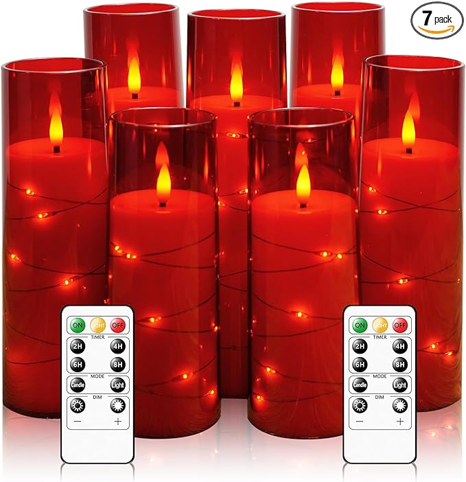 Flameless Candles with Embedded Star String, Battery Operated LED Pillar Candles with Timer and Remote Control,Home Decorating for Ambiance， Set of 7 (Red)
