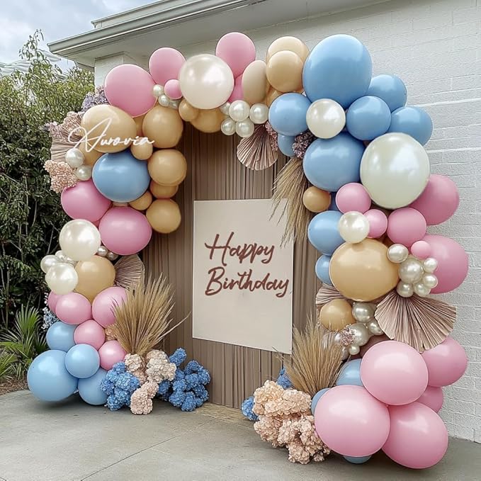 Pink Blue Brown Balloon Garland Double Stuffed Dusty Pink Light Blue White Sand Pearl Balloons Pastel Balloon Arch Kit for Boho Baby Shower Birthday Bridal Shower Bear Gender Reveal Party Decoration
